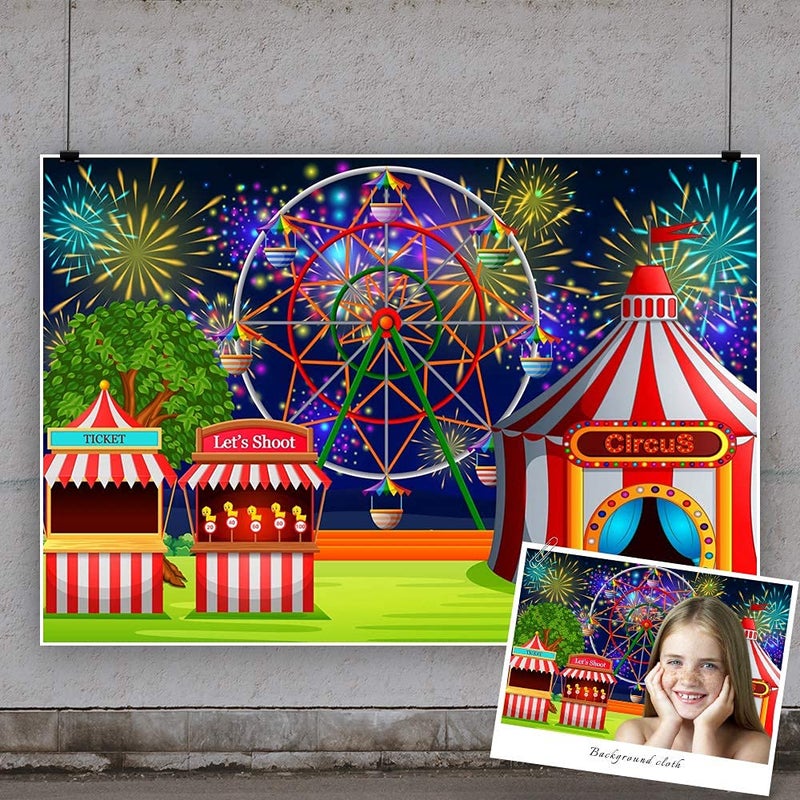 AOFOTO 7x5ft Fairground Circus Tent Backdrop Cartoon Amusement Park Ferris Wheel Fireworks Photography Background Playground Childhood Fun Carnival Party Decoration Studio Props Kid Vinyl Wallpaper - Image 2